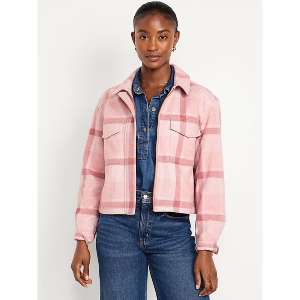 Old Navy Pink Plaid Relaxed Shirt Jacket Full Zip Cropped Utility Shacket M